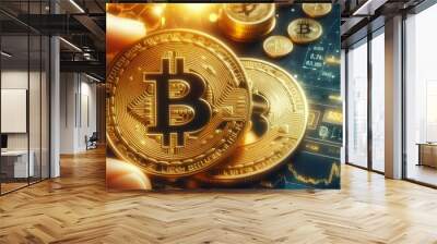 Bitcoin crypto coin money digital background currency gold concept virtual payment. Cryptocurrency coin bit bitcoin crypto exchange technology business finance future market blockchain mining trade. Wall mural