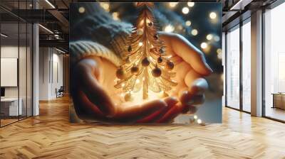 Christmas tree shining in the palm of your hand. Wall mural