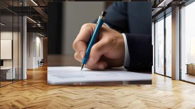 Close up of businessman hands holding pen and writing on paper report at desk in modern coworking office. Wall mural