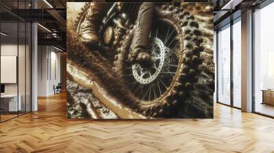 Closeup of motocross bike tire wheel passing through mud road. Copy space, extreme offroad sport race, dirty grunge tyre tread, motorcycle vehicle speed, rally trail pattern, traction. Wall mural