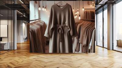 Cloth store aesthetic background, photo of clothes hanging on hangers, muted neutral colors. Wall mural