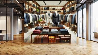 Clothing boutique with luxury male wardrobe full of expensive suits. Wall mural