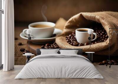 Coffee cup with burlap sack of roasted beans. Wall mural