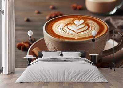 Cup of cappuccino on the table, gray and brown background. Wall mural