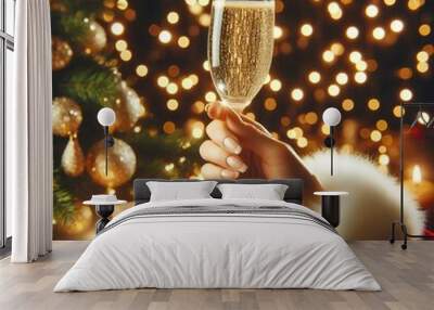 elegant hand holding a sparkling champagne flute against a backdrop of twinkling holiday lights capturing the essence of festive celebration and luxury. Wall mural