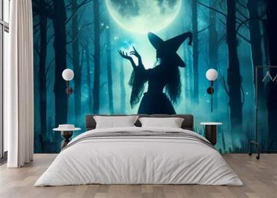 enigmatic witch silhouette casting spells under moonlit sky mystical forest backdrop with eerie glowing elements for hallowee. Wall mural