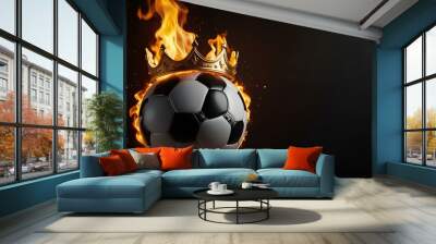 Flaming soccer ball with golden crown on black background. Epic goal, winner. Wall mural