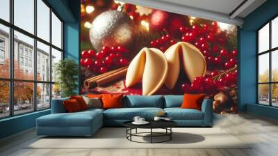 Fortune cookies with festive glow surrounded by red berries against blurred background. Wall mural