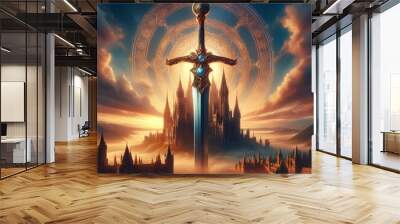 Holy sword Excalibur and Camelot castle background. Wall mural