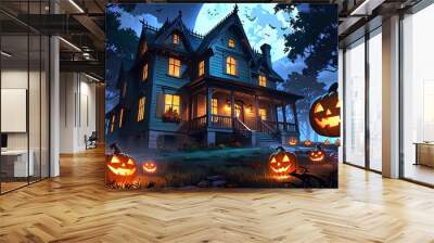 Horror halloween haunted house in creepy night forest art outdoors painting. Wall mural