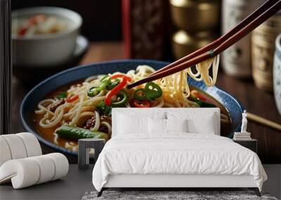 Hot noodles in Asian tradition, cooked meal served as soup in bowl, instant comfort food with chopsticks, closeup of tasty cuisine for quick lunch. Wall mural