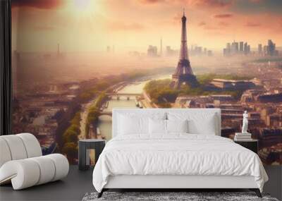 Paris aerial panorama with river Seine and Eiffel tower, France. Romantic summer holidays vacation destination. Wall mural