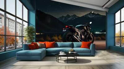 Sleek black motorcycle parked against a mountainous backdrop at night, capturing adventure and freedom. Concept of power, speed, and exploration. Wall mural