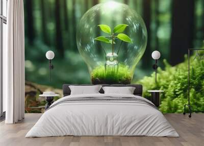 Small plant inside light bulb. Eco-friendly lightbulb in the forest. Energy saving, ecology, green energy. Wall mural