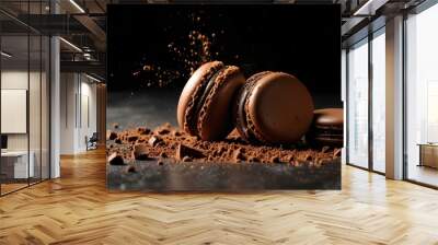 Three chocolate French macarons explode in cocoa powder on a black background Wall mural