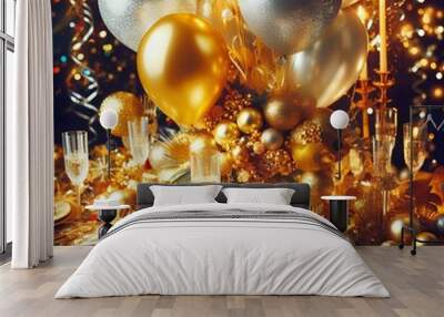 Vibrant gold and silver balloons, glittering confetti, and sparkling streamers adorn a festive table setting, capturing the essence of a joyful New Year's Eve celebration. Wall mural