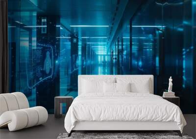 Futuristic hallway with illuminated data patterns and silhouettes, conveying concepts of data center, cloud computing, and high-tech corridors. Wall mural