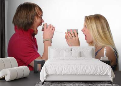 Couple Using Tin Can Phone to scream Wall mural