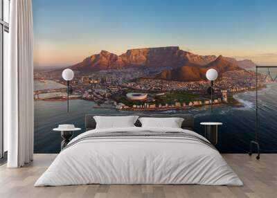 Aerial panoramic view of Cape Town cityscape at sunset, Western Cape Province, South Africa. Wall mural