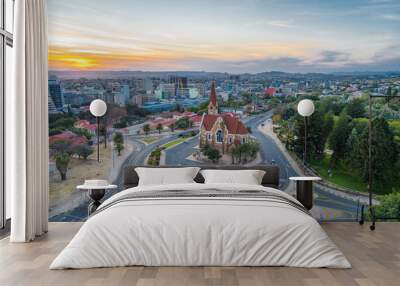 Aerial view of historical landmark Christ Church aka Christuskirche at sunset in Windhoek, the capital and largest city of Namibia. Wall mural