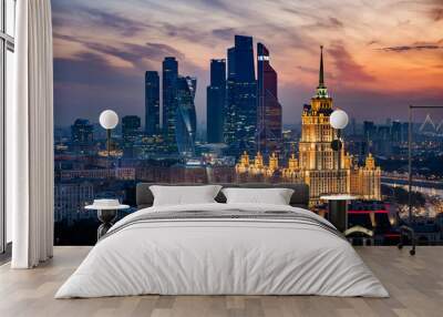 Aerial View of Moscow City Skyline at Sunset, Moscow, Russia Wall mural