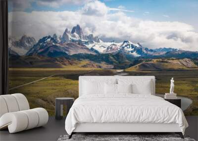 Aerial view of Mount Fitz Roy and Las Vueltas River in El Chalten, Patagonia Argentina, South America Wall mural