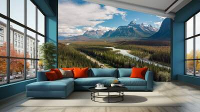 Aerial view of vehicles on scenic Icefields Parkway highway between Banff and Jasper National Parks during summer in Alberta, Canada. Wall mural