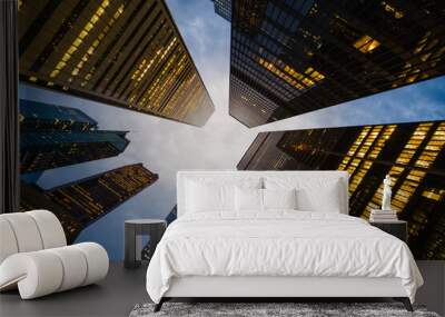 Business and finance concept, looking up at modern office building architecture and high rise corporate buildings in the financial district, Downtown Toronto, Ontario, Canada. Wall mural