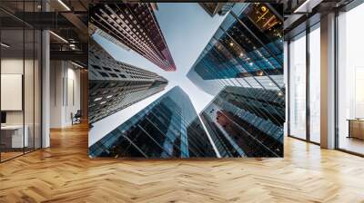 Looking up at high rise office building architecture against blue sky in the financial district of a modern metropolis, business and finance concept. Wall mural