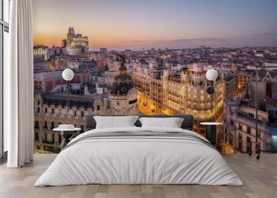 Panoramic aerial view of historic buildings on Gran Via, the famous shopping street in Madrid, capital and largest city in Spain, Europe. Wall mural