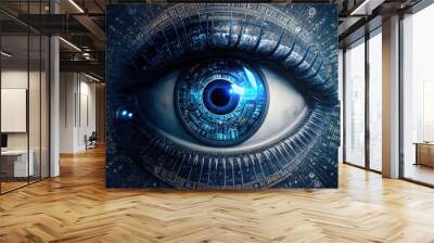 close up cyber electronic eye surveillance and security with lights glares and circuits, inspirationnal internet art, enhanced and reworked ai generated mattepainting illustration Wall mural