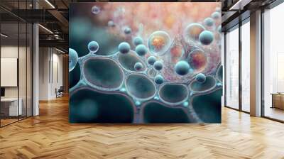 Microscopic macroscopic close view of cells attacked by virus and bacteria science and medical microbiology render illustration Wall mural