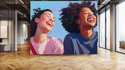 Two girls friends or LGBTQIA+ lesbian couple are laughing, having fun and being happy of their freedom on a background like a feel good picture, reworked and enhanced ai genrated illustration drawing Wall mural