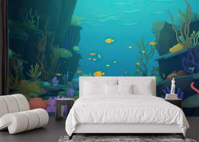 Underwater fishes and corals landscape in a video game pixel lowpoly style mattepainting illustration ai generated Wall mural