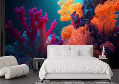 Wonderful colored corals and aquatic life in ocean seabed in the water realistic mattepainting illustration Wall mural