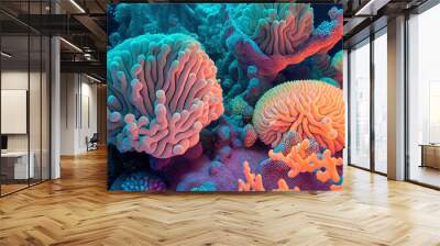 Wonderful colored corals and aquatic life in ocean seabed in the water realistic mattepainting illustration Wall mural