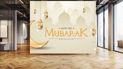 happy eid mubarak 1444 background, greeting background with a mosque, a golden moon and islamic ornament Wall mural