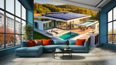 Today's modern eco-friendly home with solar power on the roof and morning sunlight. Wall mural