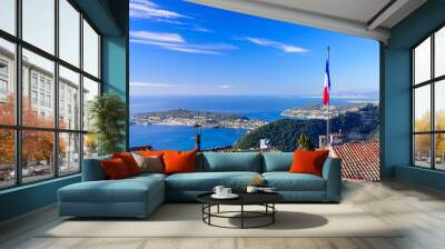 Scenic view of the Mediterranean coastline and medieval houses from the top of the town of Eze village on the French Riviera, France Wall mural