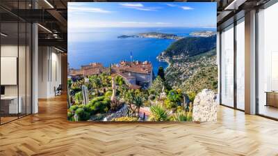 Scenic view of the Mediterranean coastline and medieval houses from the top of the town of Eze village on the French Riviera Wall mural