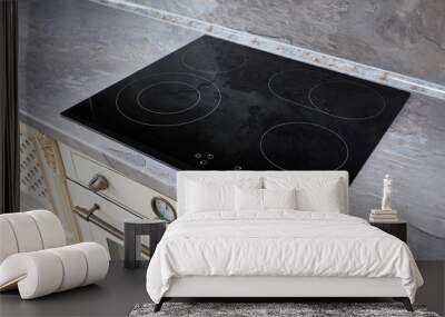 Modern kitchen interior with black induction or electric hob stove cooker with ceramic top surface with marble countertop and wall decorated with stone. Wall mural