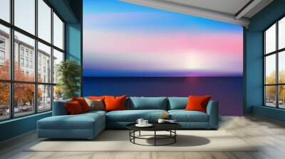 Abstract aerial panoramic view of sunrise over ocean. Nothing but blue bright sky and deep dark water. Beautiful serene scene. Romantic Vector illustration. EPS 10 Wall mural