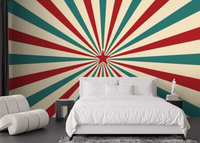 Abstract vintage sunlight of red yellow blue and green flowers background with a star in the center. Carnival circus style for circling animation. Star burst sun beam vector illustration Wall mural