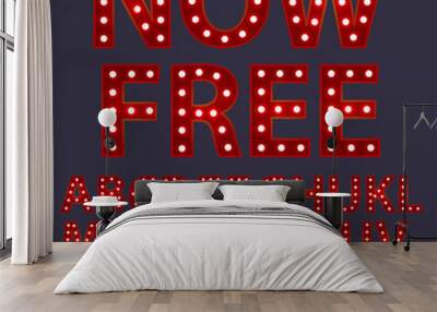 Now free. Red letters with luminous glowing lightbulbs. Vector typography words design. Template type font for poster. Wall mural