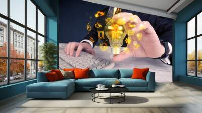 An office salesman promoting his bright ideas concept with illustration of online media and device logos around electric glass light bulb. Wall mural