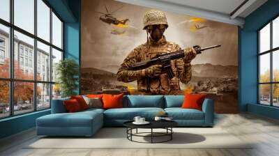 Armed soldier with sniper in the middle of a war
 Wall mural