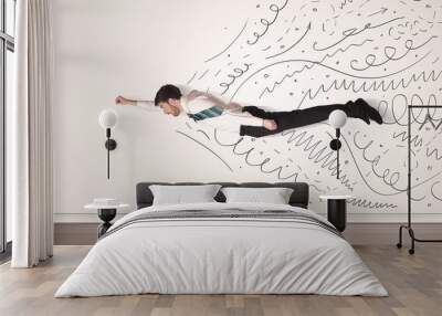 Business man flying with hand drawn lines comming out Wall mural