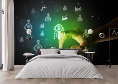 Businessman finger touching on screen multimedia interface with hand drawn currency icons Wall mural