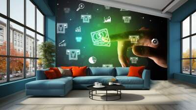 Businessman finger touching on screen multimedia interface with hand drawn currency icons Wall mural