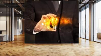 Businessman holding a lightbulb concept Wall mural